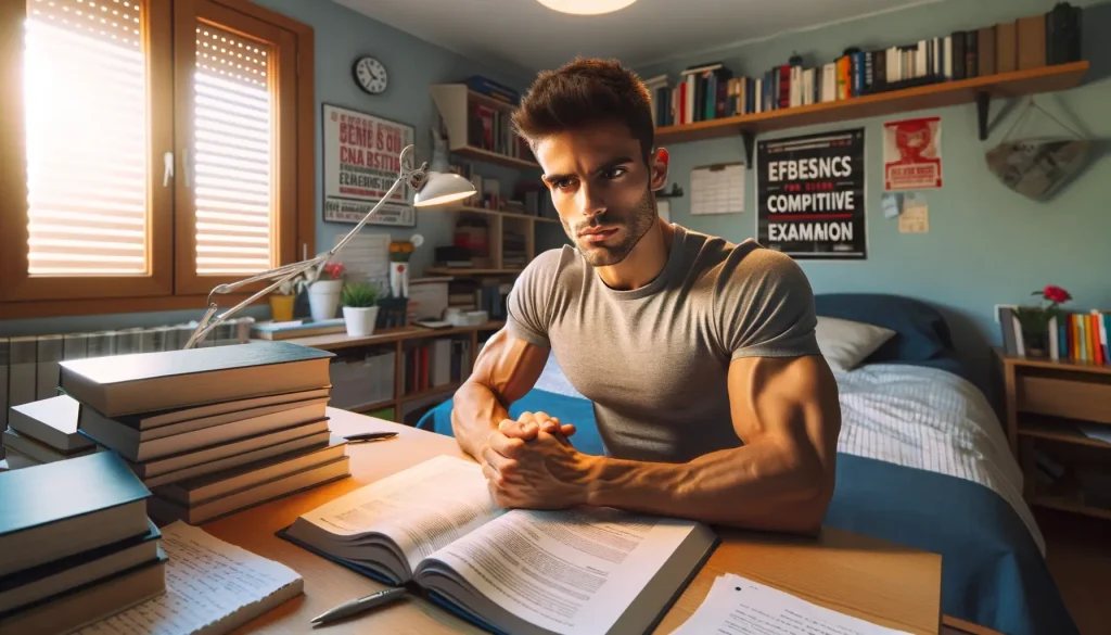 Opositor estudiando para ser policía local en su escritorio